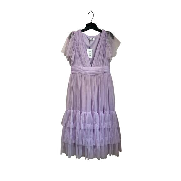 Showpo Jiraye Midi Dress Flutter Sleeve Tulle Plunge Lilac Sz 12 NWT - Picture 2 of 12